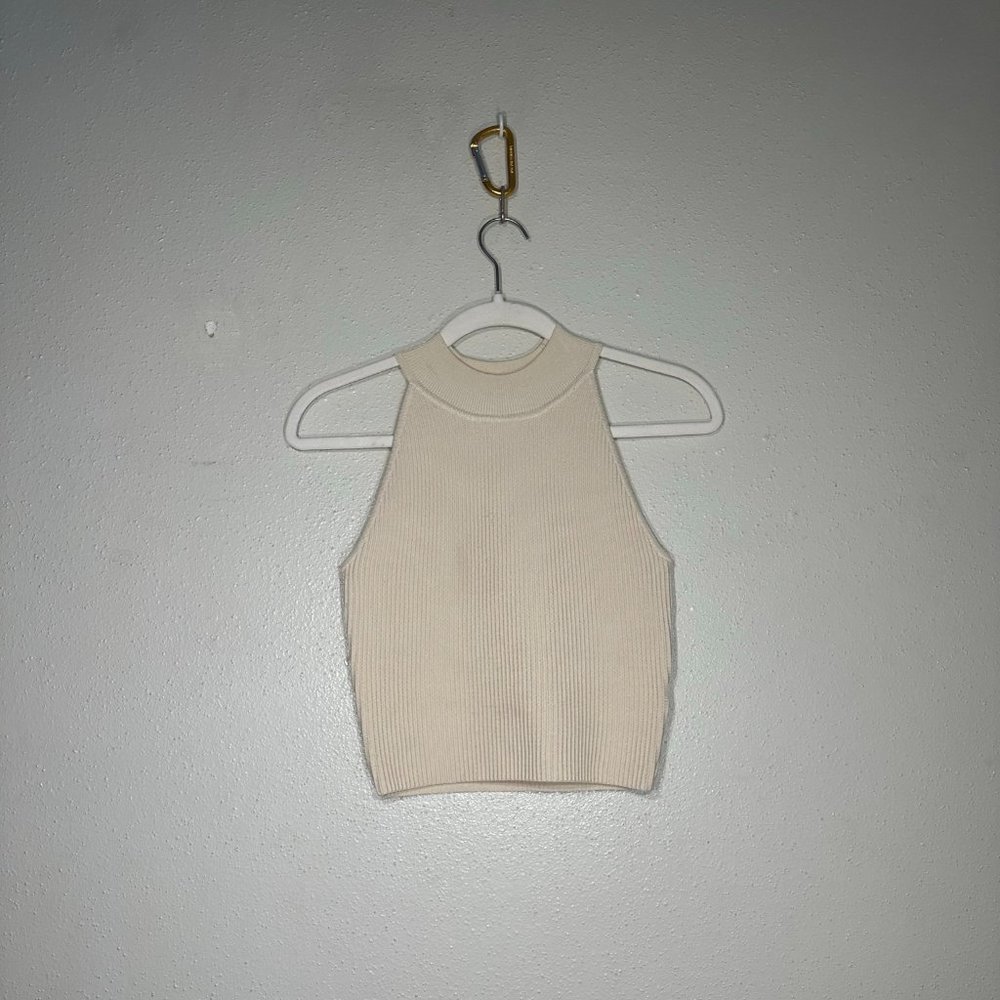 Cream Ribbed Knit Criss Cross Halter Neck Tank Top
